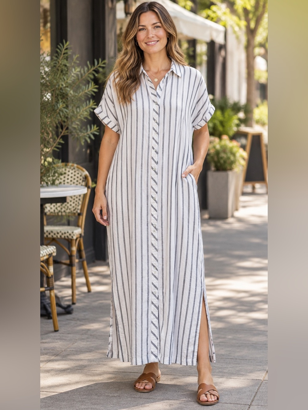 Lucky Brand Linen Blend Striped Maxi Shirt Dress M Pockets